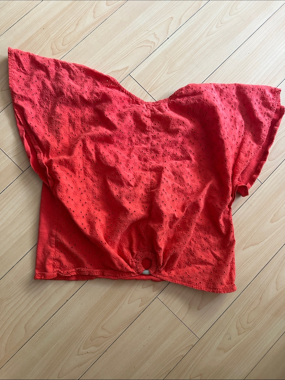 Zara Red Eyelet Short Sleeve Knot-Front Top